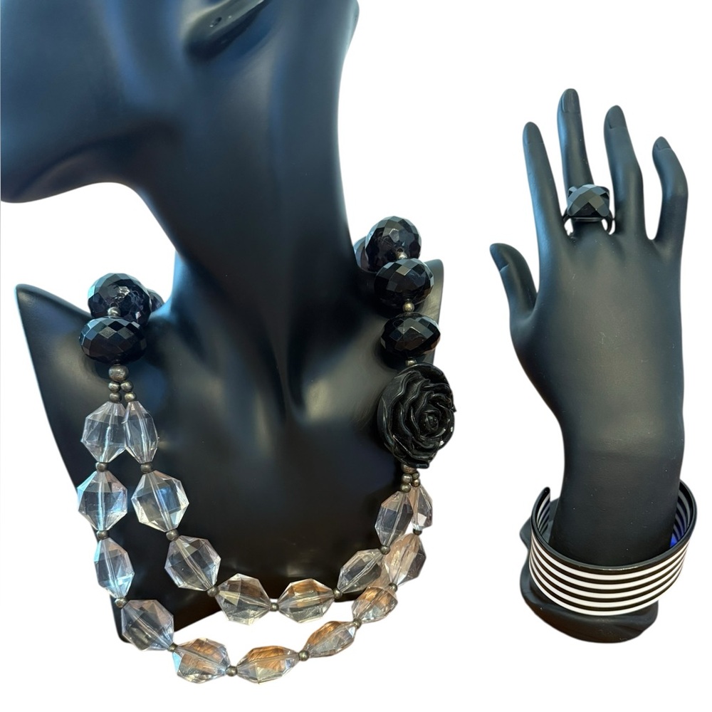 Black Costume Jewelry Bundle Set of Three: Necklace, Ring & Bangle EUC